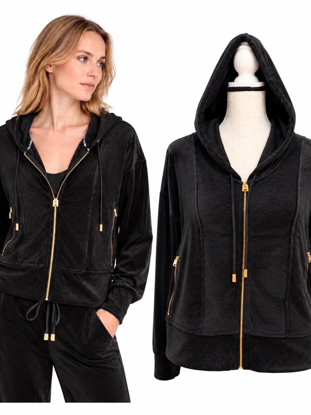 HALSTON Women's Velour Hoodie Zip Up Jacket, Blazer Black, Large Hood New
